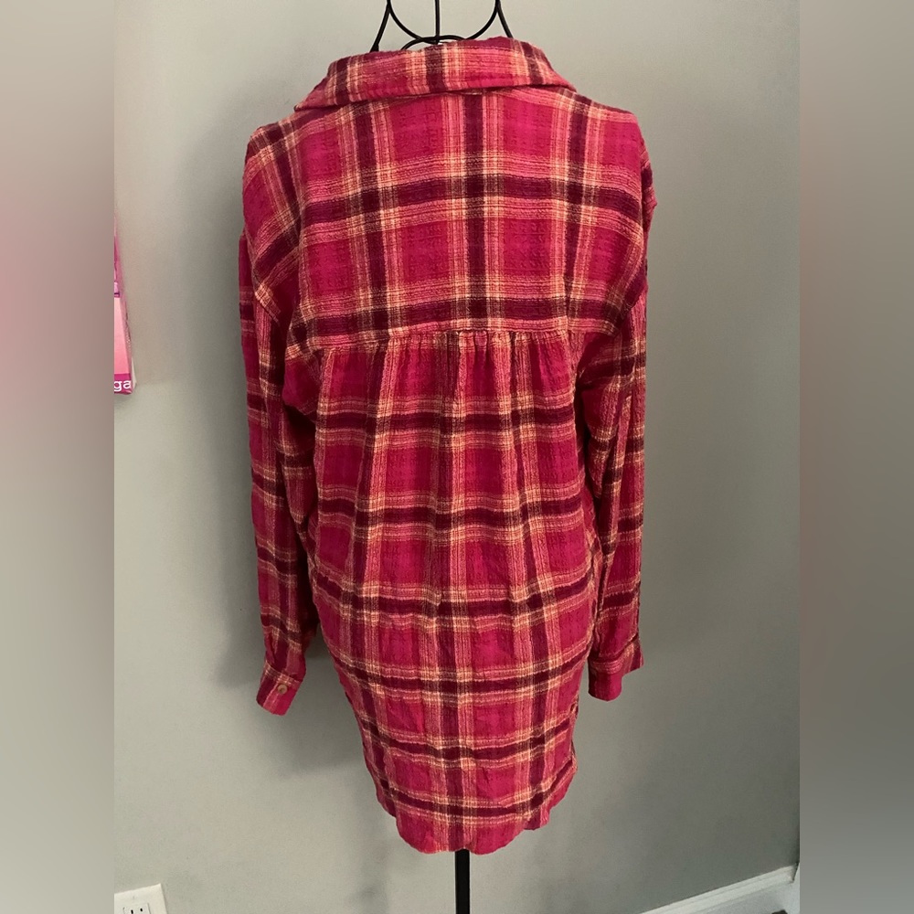 Anthropologie Pilcro Seamed Red Hot Pink Plaid Button Down Woman’s Tunic Size XS - Picture 5 of 7